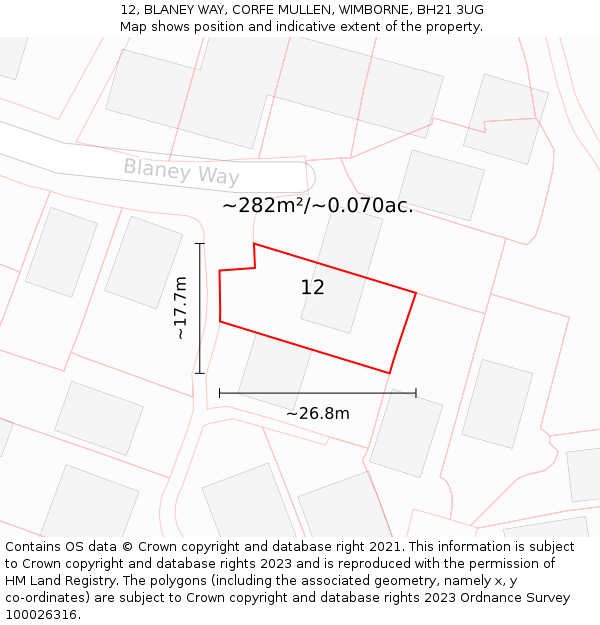 12, BLANEY WAY, CORFE MULLEN, WIMBORNE, BH21 3UG: Plot and title map