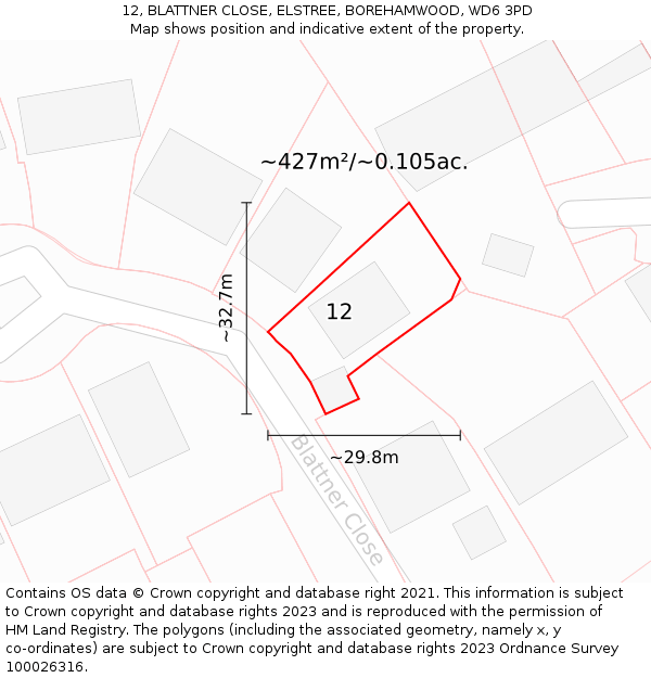 12, BLATTNER CLOSE, ELSTREE, BOREHAMWOOD, WD6 3PD: Plot and title map