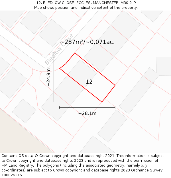 12, BLEDLOW CLOSE, ECCLES, MANCHESTER, M30 9LP: Plot and title map