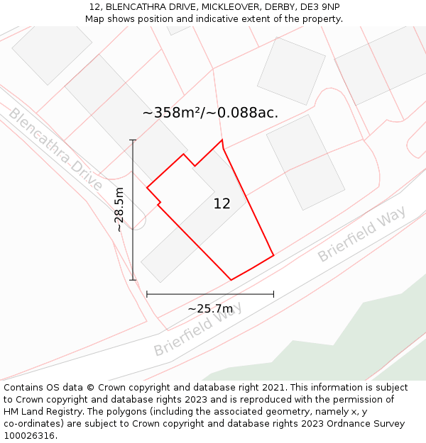 12, BLENCATHRA DRIVE, MICKLEOVER, DERBY, DE3 9NP: Plot and title map