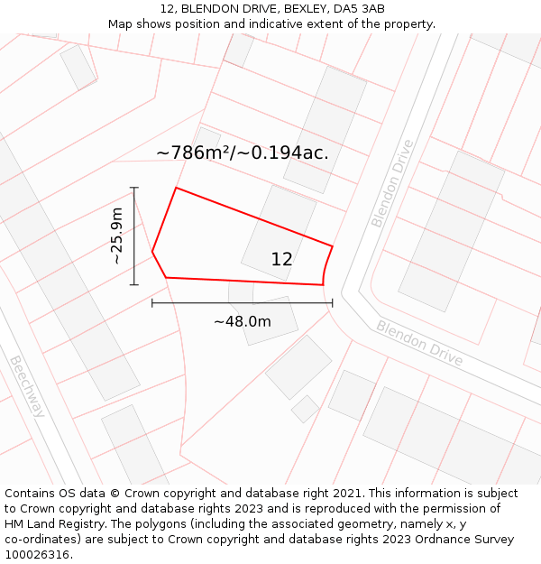 12, BLENDON DRIVE, BEXLEY, DA5 3AB: Plot and title map