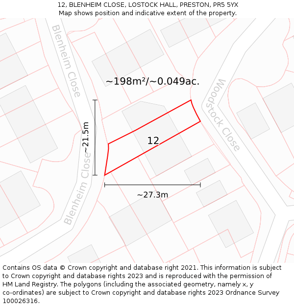 12, BLENHEIM CLOSE, LOSTOCK HALL, PRESTON, PR5 5YX: Plot and title map