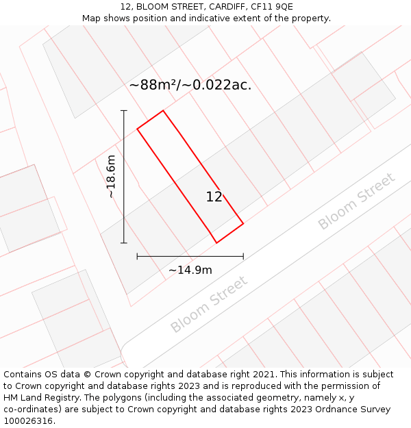 12, BLOOM STREET, CARDIFF, CF11 9QE: Plot and title map