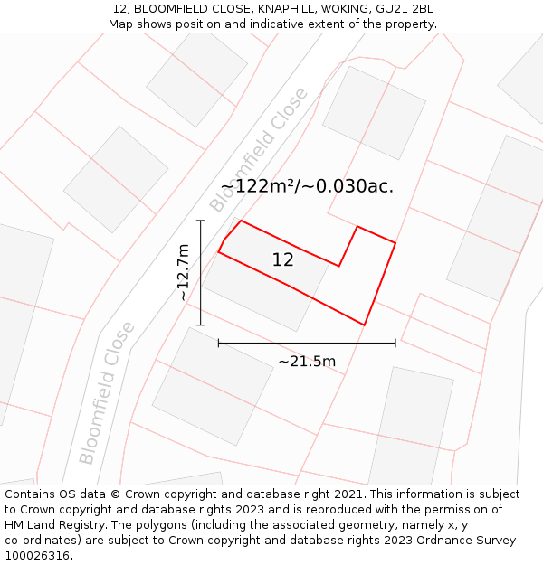 12, BLOOMFIELD CLOSE, KNAPHILL, WOKING, GU21 2BL: Plot and title map