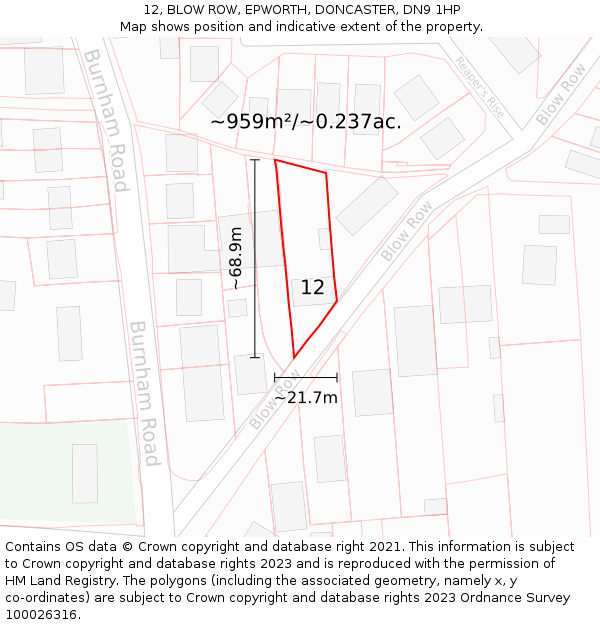 12, BLOW ROW, EPWORTH, DONCASTER, DN9 1HP: Plot and title map