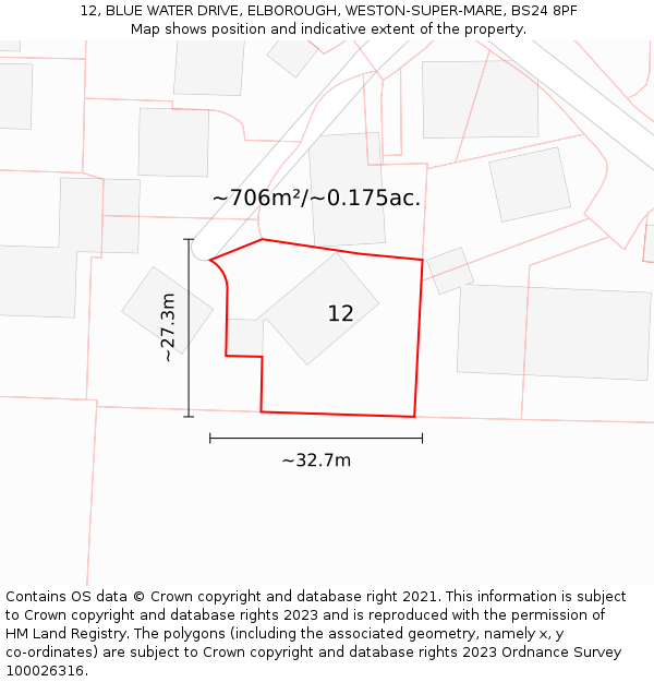 12, BLUE WATER DRIVE, ELBOROUGH, WESTON-SUPER-MARE, BS24 8PF: Plot and title map