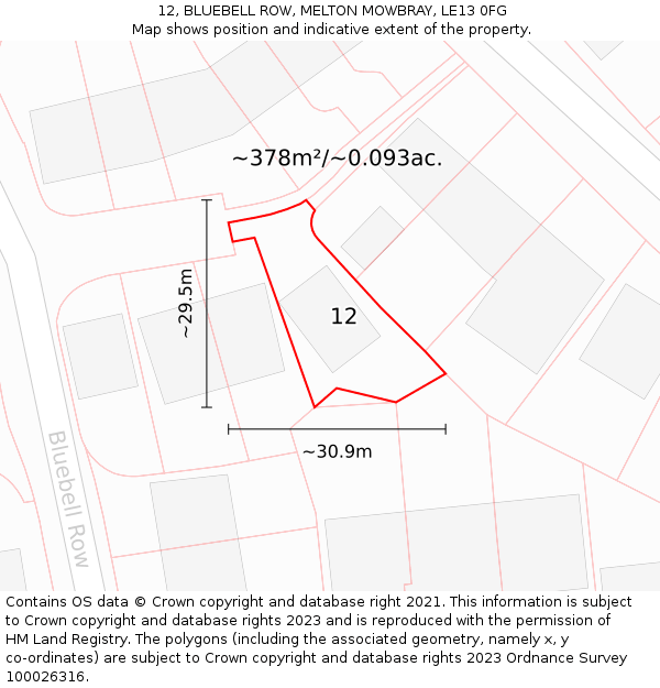 12, BLUEBELL ROW, MELTON MOWBRAY, LE13 0FG: Plot and title map