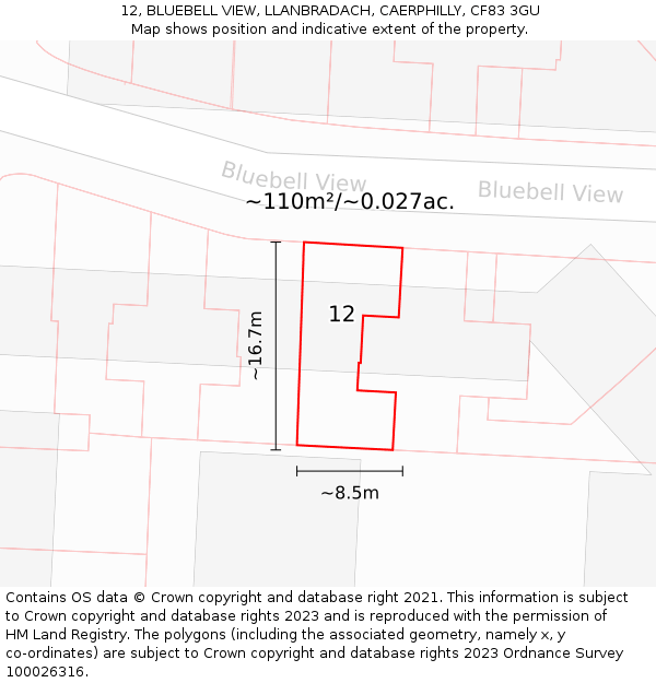 12, BLUEBELL VIEW, LLANBRADACH, CAERPHILLY, CF83 3GU: Plot and title map