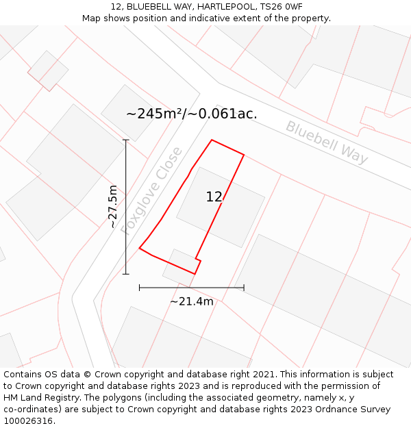 12, BLUEBELL WAY, HARTLEPOOL, TS26 0WF: Plot and title map