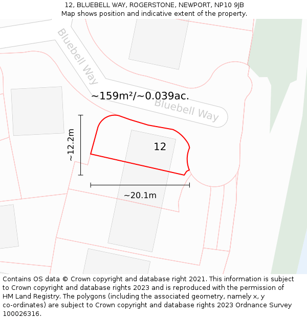 12, BLUEBELL WAY, ROGERSTONE, NEWPORT, NP10 9JB: Plot and title map