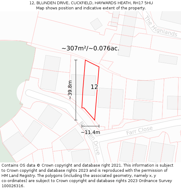 12, BLUNDEN DRIVE, CUCKFIELD, HAYWARDS HEATH, RH17 5HU: Plot and title map