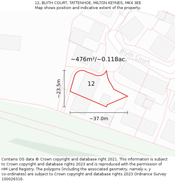12, BLYTH COURT, TATTENHOE, MILTON KEYNES, MK4 3EE: Plot and title map