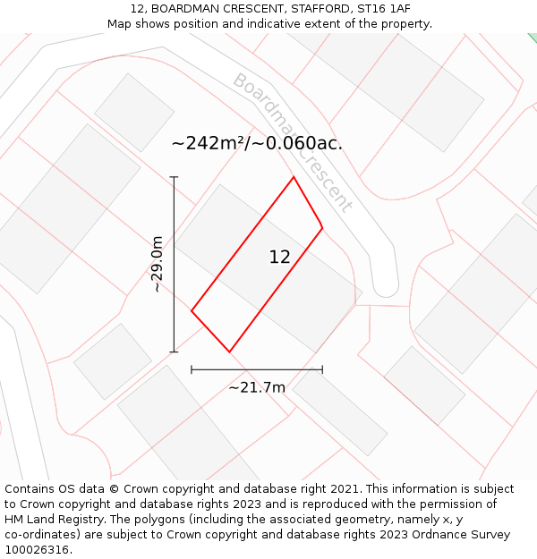 12, BOARDMAN CRESCENT, STAFFORD, ST16 1AF: Plot and title map