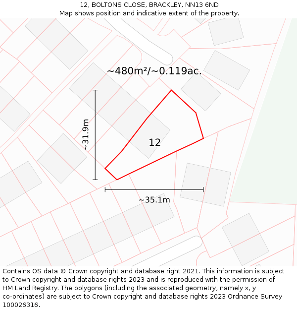 12, BOLTONS CLOSE, BRACKLEY, NN13 6ND: Plot and title map