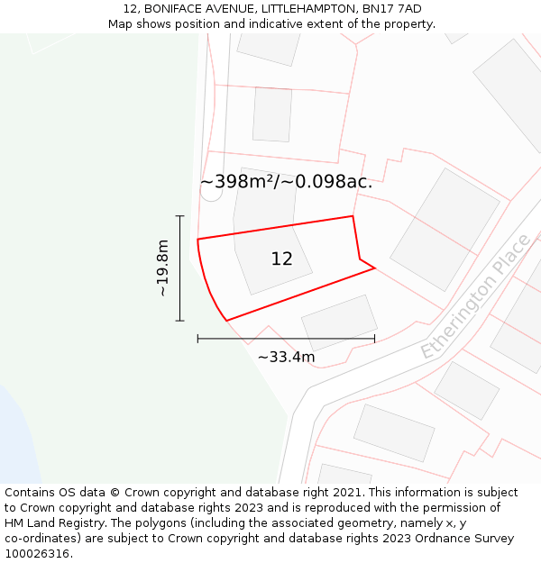 12, BONIFACE AVENUE, LITTLEHAMPTON, BN17 7AD: Plot and title map