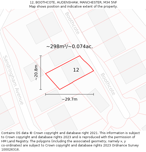 12, BOOTHCOTE, AUDENSHAW, MANCHESTER, M34 5NF: Plot and title map