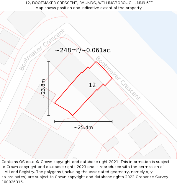 12, BOOTMAKER CRESCENT, RAUNDS, WELLINGBOROUGH, NN9 6FF: Plot and title map