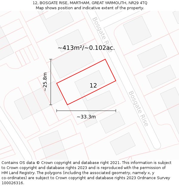 12, BOSGATE RISE, MARTHAM, GREAT YARMOUTH, NR29 4TQ: Plot and title map