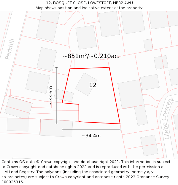 12, BOSQUET CLOSE, LOWESTOFT, NR32 4WU: Plot and title map