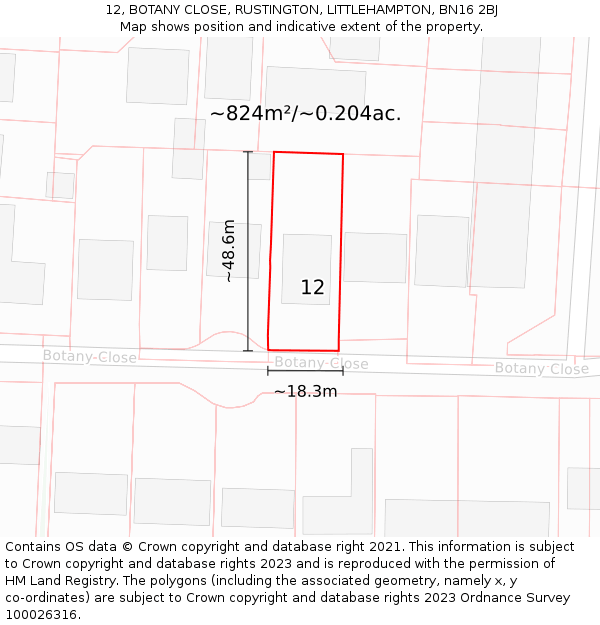 12, BOTANY CLOSE, RUSTINGTON, LITTLEHAMPTON, BN16 2BJ: Plot and title map