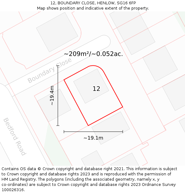 12, BOUNDARY CLOSE, HENLOW, SG16 6FP: Plot and title map