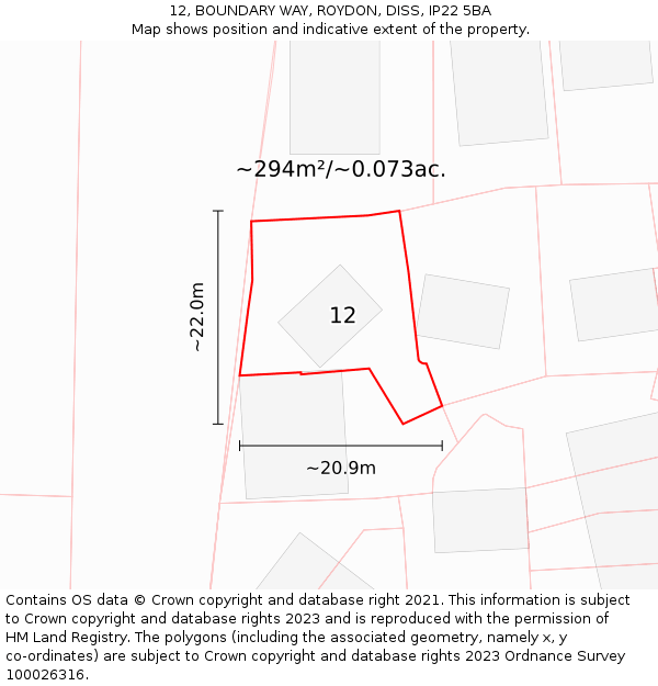12, BOUNDARY WAY, ROYDON, DISS, IP22 5BA: Plot and title map