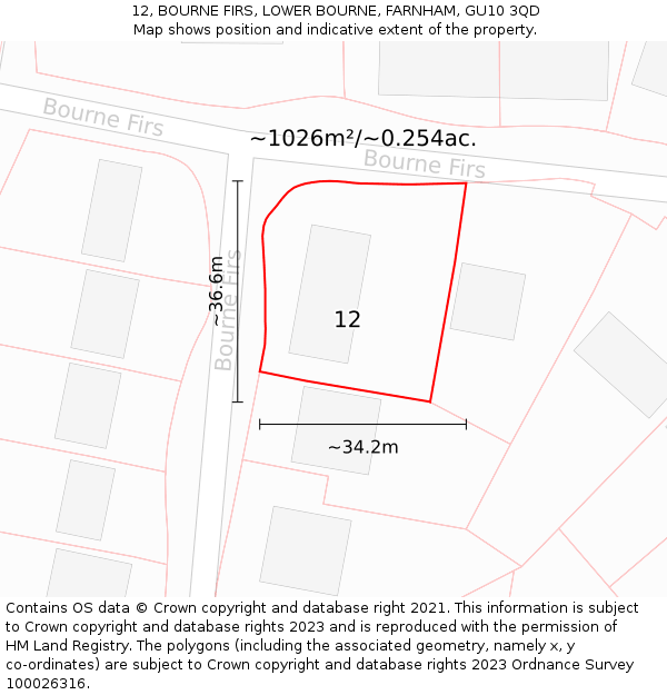 12, BOURNE FIRS, LOWER BOURNE, FARNHAM, GU10 3QD: Plot and title map