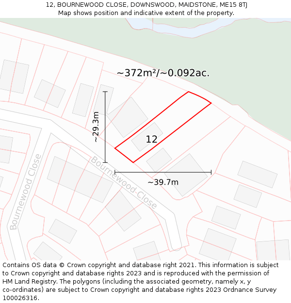 12, BOURNEWOOD CLOSE, DOWNSWOOD, MAIDSTONE, ME15 8TJ: Plot and title map