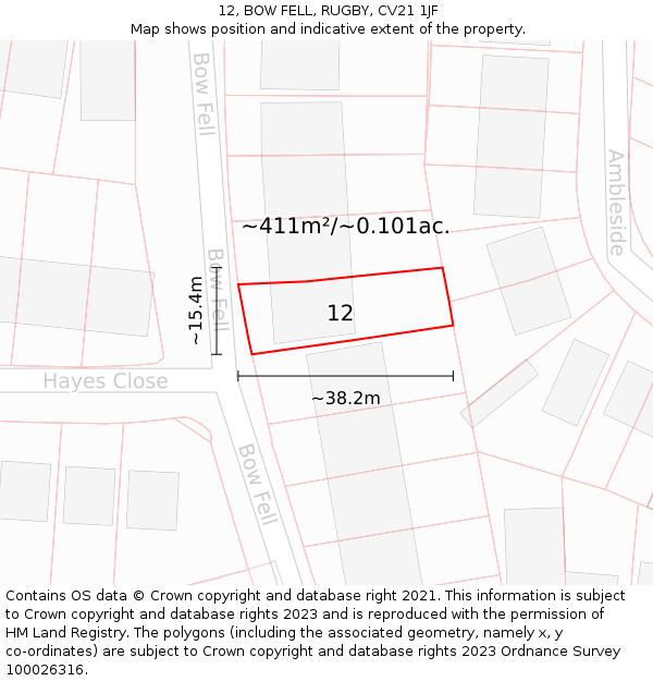 12, BOW FELL, RUGBY, CV21 1JF: Plot and title map