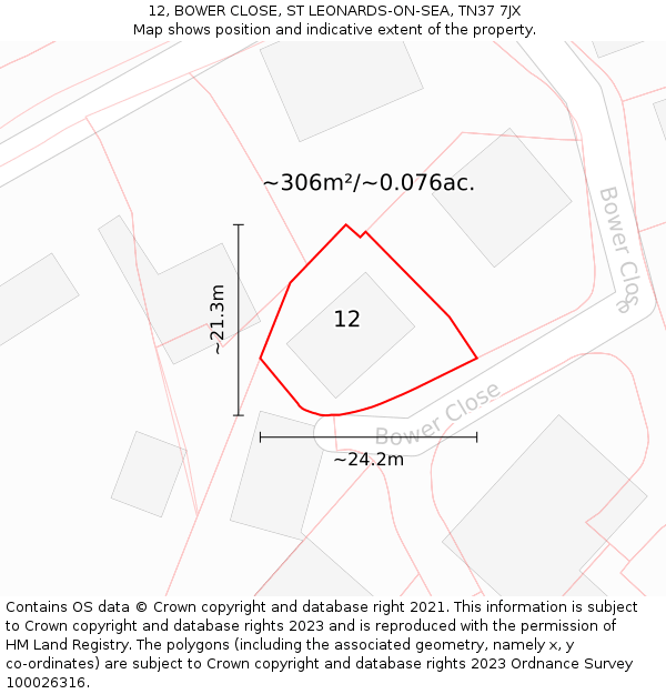 12, BOWER CLOSE, ST LEONARDS-ON-SEA, TN37 7JX: Plot and title map