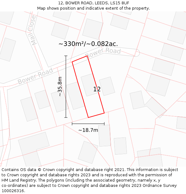 12, BOWER ROAD, LEEDS, LS15 8UF: Plot and title map