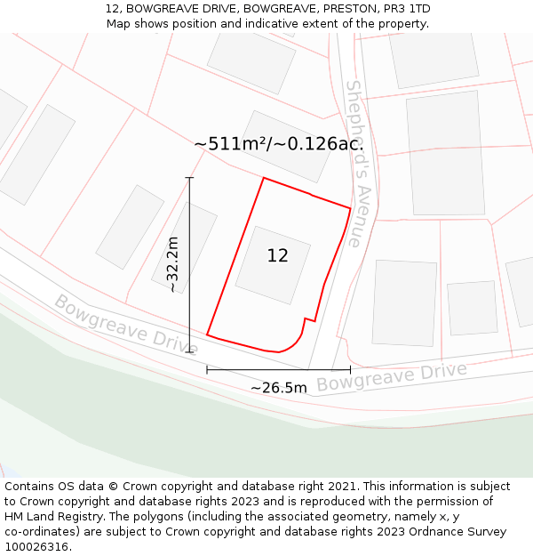 12, BOWGREAVE DRIVE, BOWGREAVE, PRESTON, PR3 1TD: Plot and title map