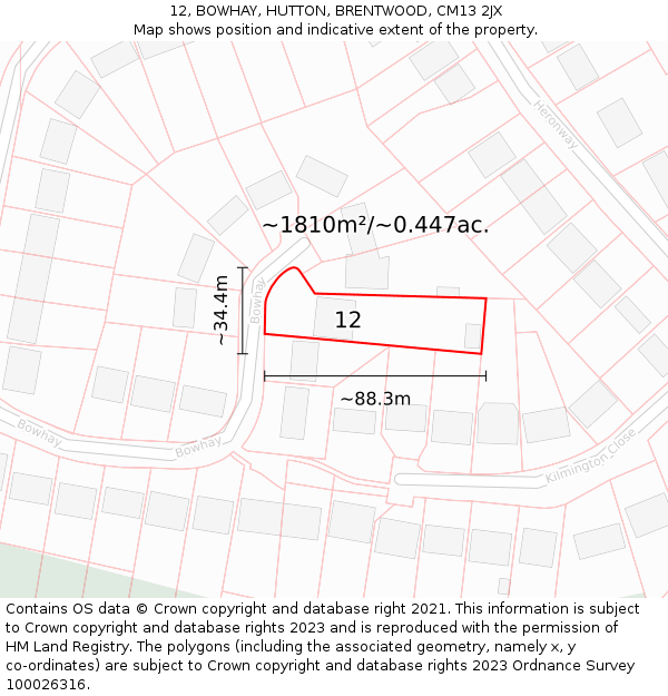 12, BOWHAY, HUTTON, BRENTWOOD, CM13 2JX: Plot and title map