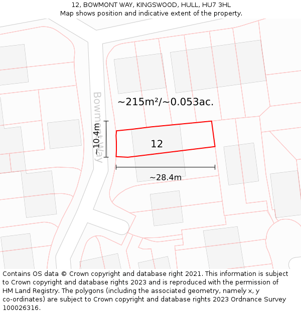 12, BOWMONT WAY, KINGSWOOD, HULL, HU7 3HL: Plot and title map