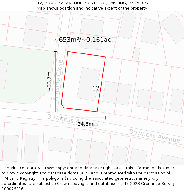 12, BOWNESS AVENUE, SOMPTING, LANCING, BN15 9TS: Plot and title map