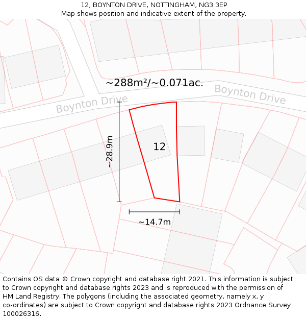 12, BOYNTON DRIVE, NOTTINGHAM, NG3 3EP: Plot and title map