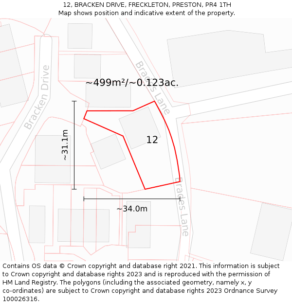 12, BRACKEN DRIVE, FRECKLETON, PRESTON, PR4 1TH: Plot and title map