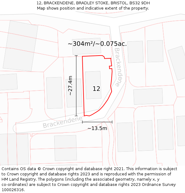 12, BRACKENDENE, BRADLEY STOKE, BRISTOL, BS32 9DH: Plot and title map