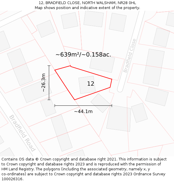 12, BRADFIELD CLOSE, NORTH WALSHAM, NR28 0HL: Plot and title map