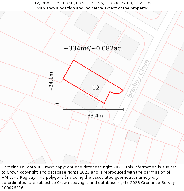 12, BRADLEY CLOSE, LONGLEVENS, GLOUCESTER, GL2 9LA: Plot and title map