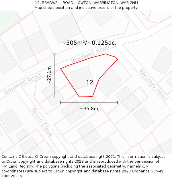 12, BRADWELL ROAD, LOWTON, WARRINGTON, WA3 2NU: Plot and title map