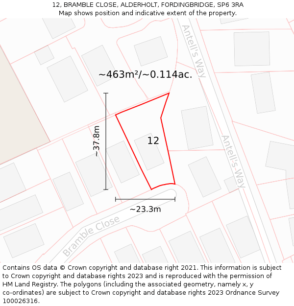 12, BRAMBLE CLOSE, ALDERHOLT, FORDINGBRIDGE, SP6 3RA: Plot and title map