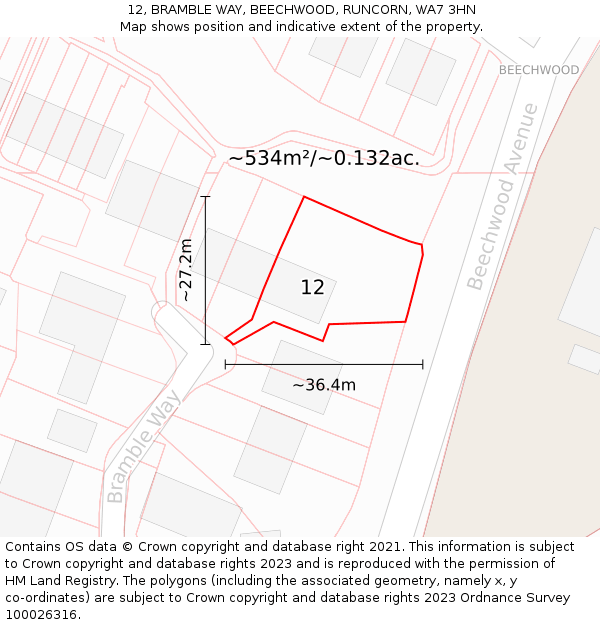 12, BRAMBLE WAY, BEECHWOOD, RUNCORN, WA7 3HN: Plot and title map