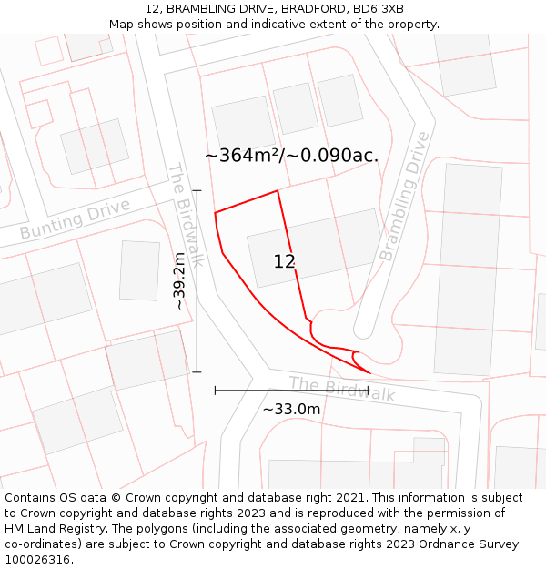 12, BRAMBLING DRIVE, BRADFORD, BD6 3XB: Plot and title map