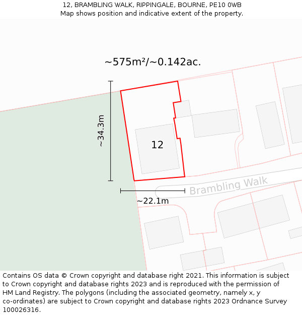 12, BRAMBLING WALK, RIPPINGALE, BOURNE, PE10 0WB: Plot and title map