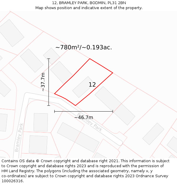 12, BRAMLEY PARK, BODMIN, PL31 2BN: Plot and title map