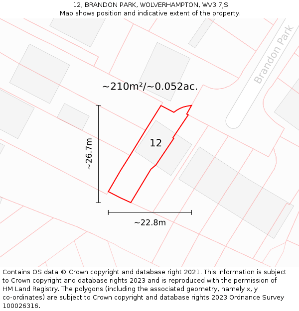 12, BRANDON PARK, WOLVERHAMPTON, WV3 7JS: Plot and title map