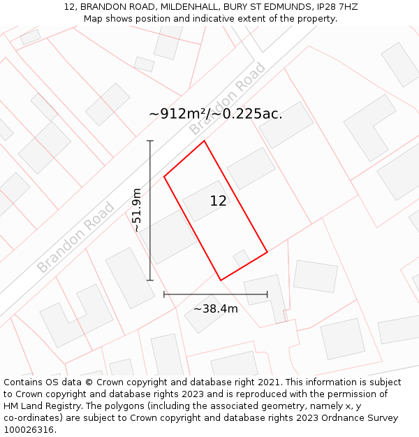 12, BRANDON ROAD, MILDENHALL, BURY ST EDMUNDS, IP28 7HZ: Plot and title map