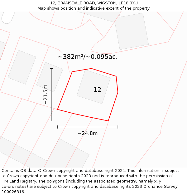 12, BRANSDALE ROAD, WIGSTON, LE18 3XU: Plot and title map