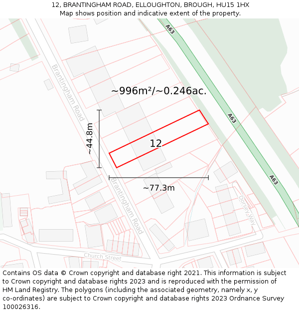 12, BRANTINGHAM ROAD, ELLOUGHTON, BROUGH, HU15 1HX: Plot and title map